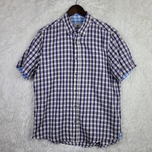 Report Collection Mens L Navy‎ Check Linen Blend Button Down Shirt
